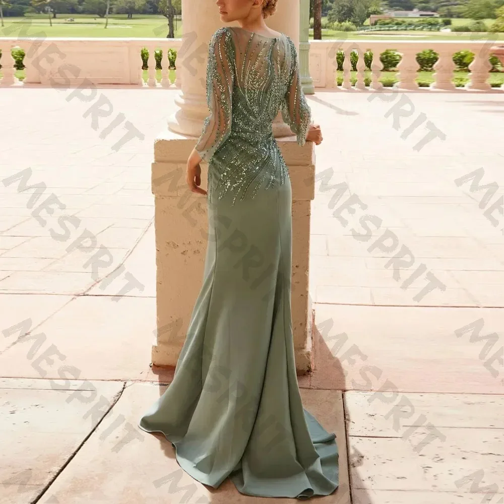 Customized Luxury Round Neck Mermaid Evening Gowns with Three Quarter Sleeves Crystal Sequins Satin Trailing Banquet Dresses