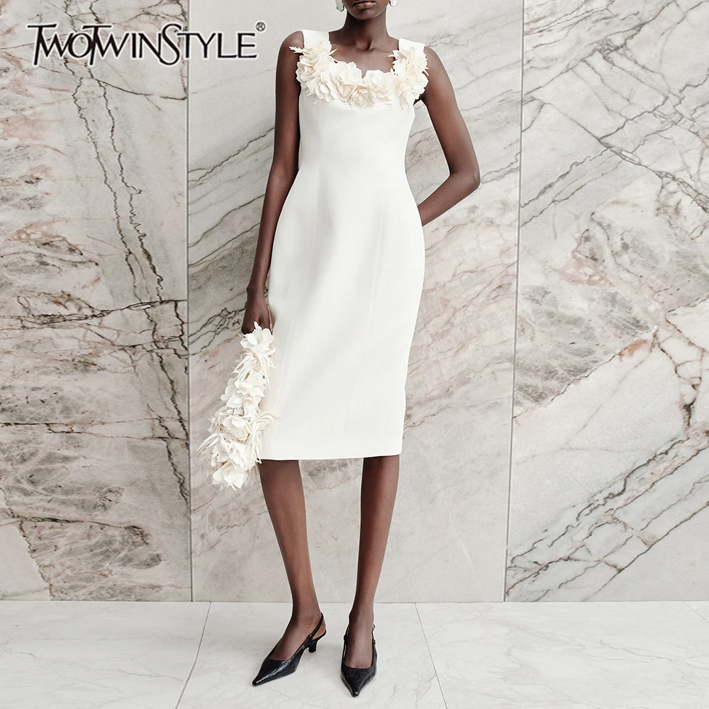 TWOTWINSTYLE 3D Flower Spliced Zipper Elegant Dress for Women Square Neck Sleeveless Slimming Midi Dresses Female Fashion New
