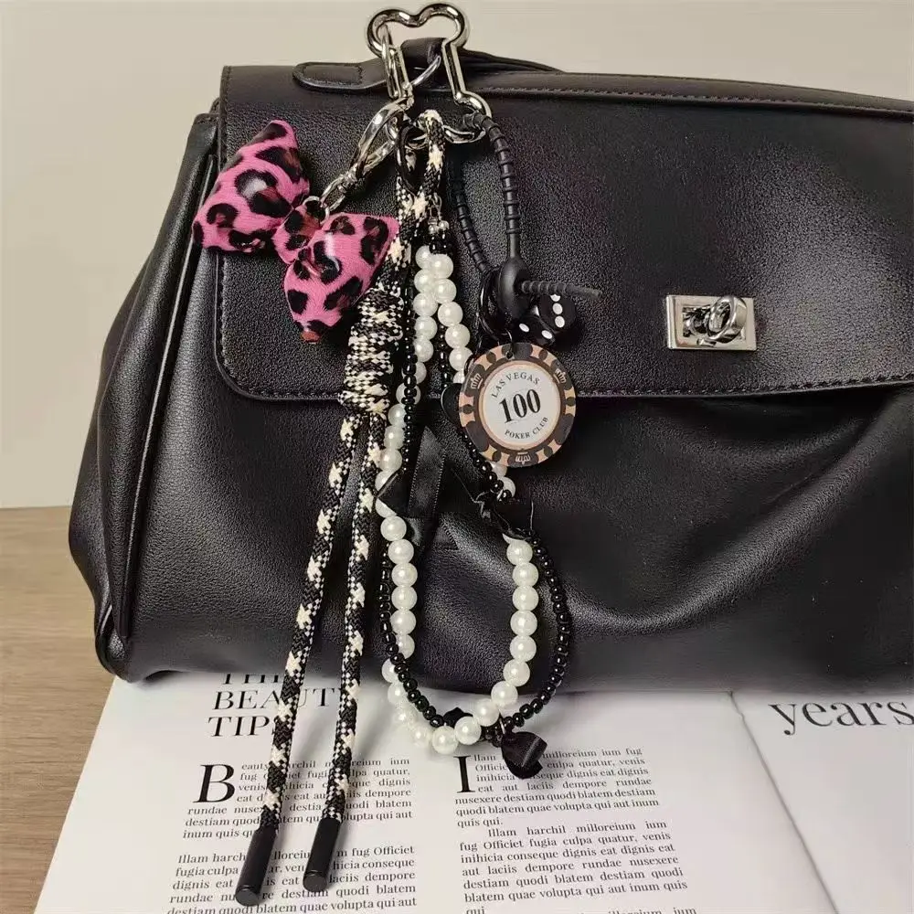 

New Sweet and Cool Wind Rose Pink Leopard Print Keychain Bow Pendant Chip Pearl Chain Braided Rope Mobile Phone Bag Pendant