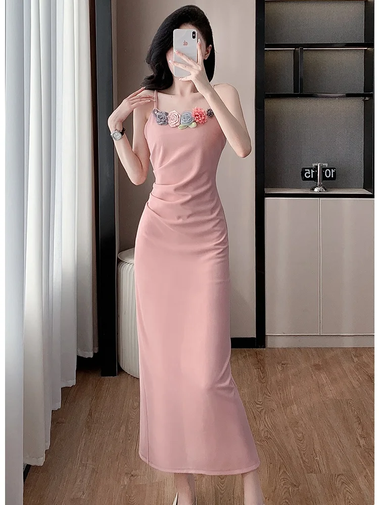 

Новый весенний модный розовый топ с длинными рукавами, комплект из двух предметов, женское сексуальное платье на тонких бретельках с трехмерными цветами, наряды