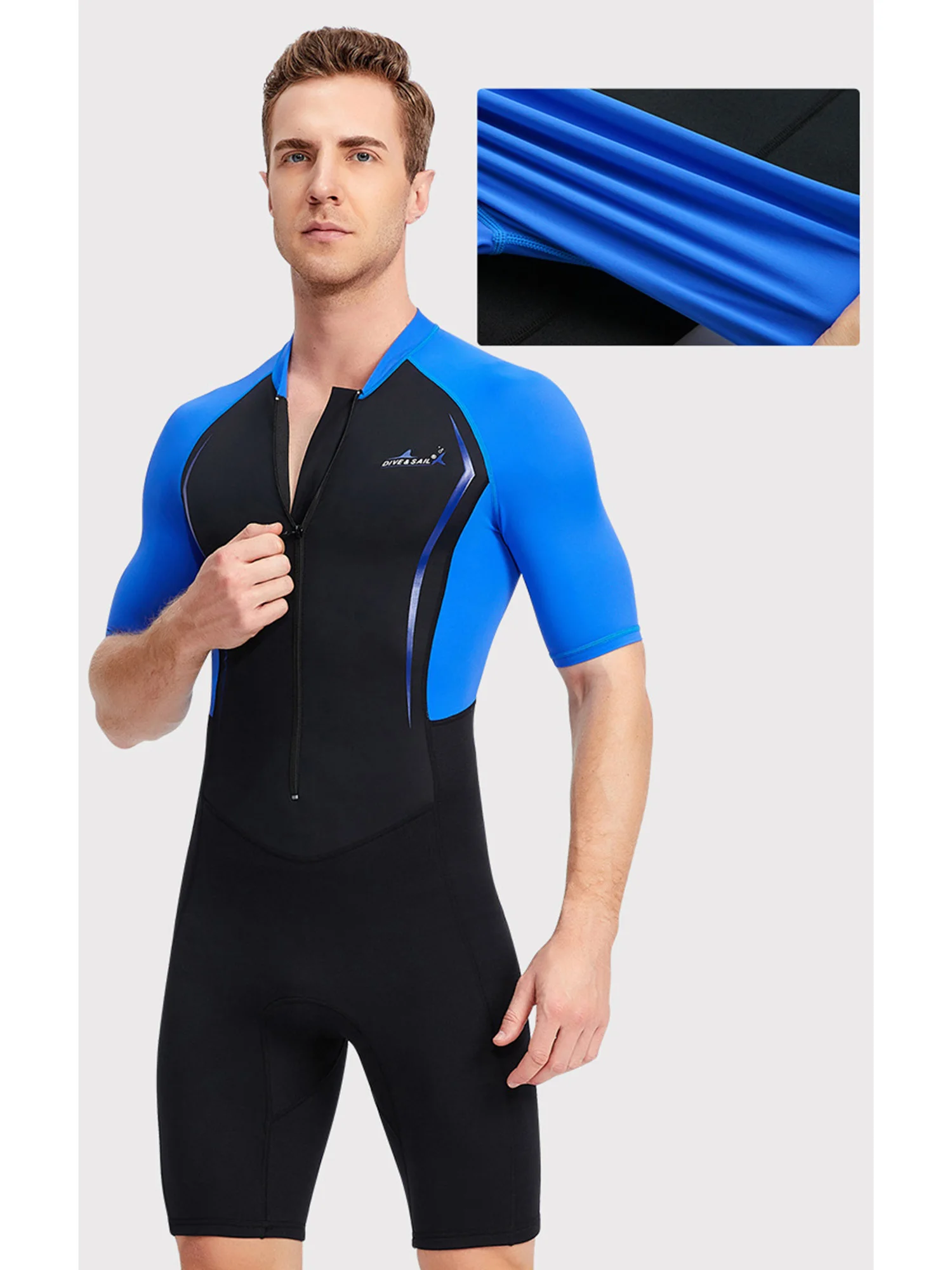 Men One Piece Shorty Wetsuit 1.5mm Neoprene Short Sleeve Front Zip Color Block Lightweight Quick Dry Diving Surfing norkeling