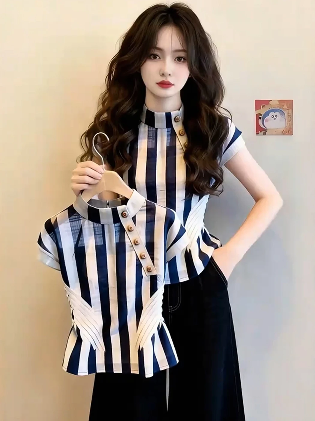 

Unique Beautiful Stripe Short Sleeve Stand Collar Women's Shirt Thin Gauze Top Summer Fashionable Transparent Micro Sensation