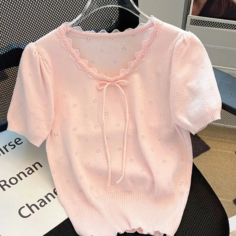 

Women Summer Fashionable Slim Short Chic Top T-shirt Sweet Small Fresh Bow Lace Edge Ice Silk Knitted Short-sleeved T-shirt
