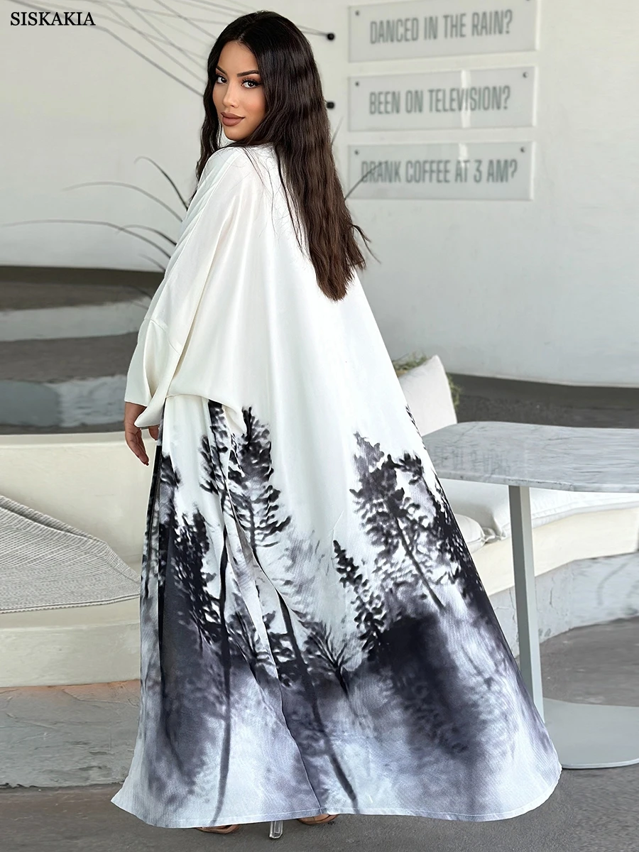 Siskakia Female Cardigan Muslim Dress Stylish Tie Dye Floral Print Abaya Jalabiya Dubai Ramadan Caftan Marocain Femme Kimono