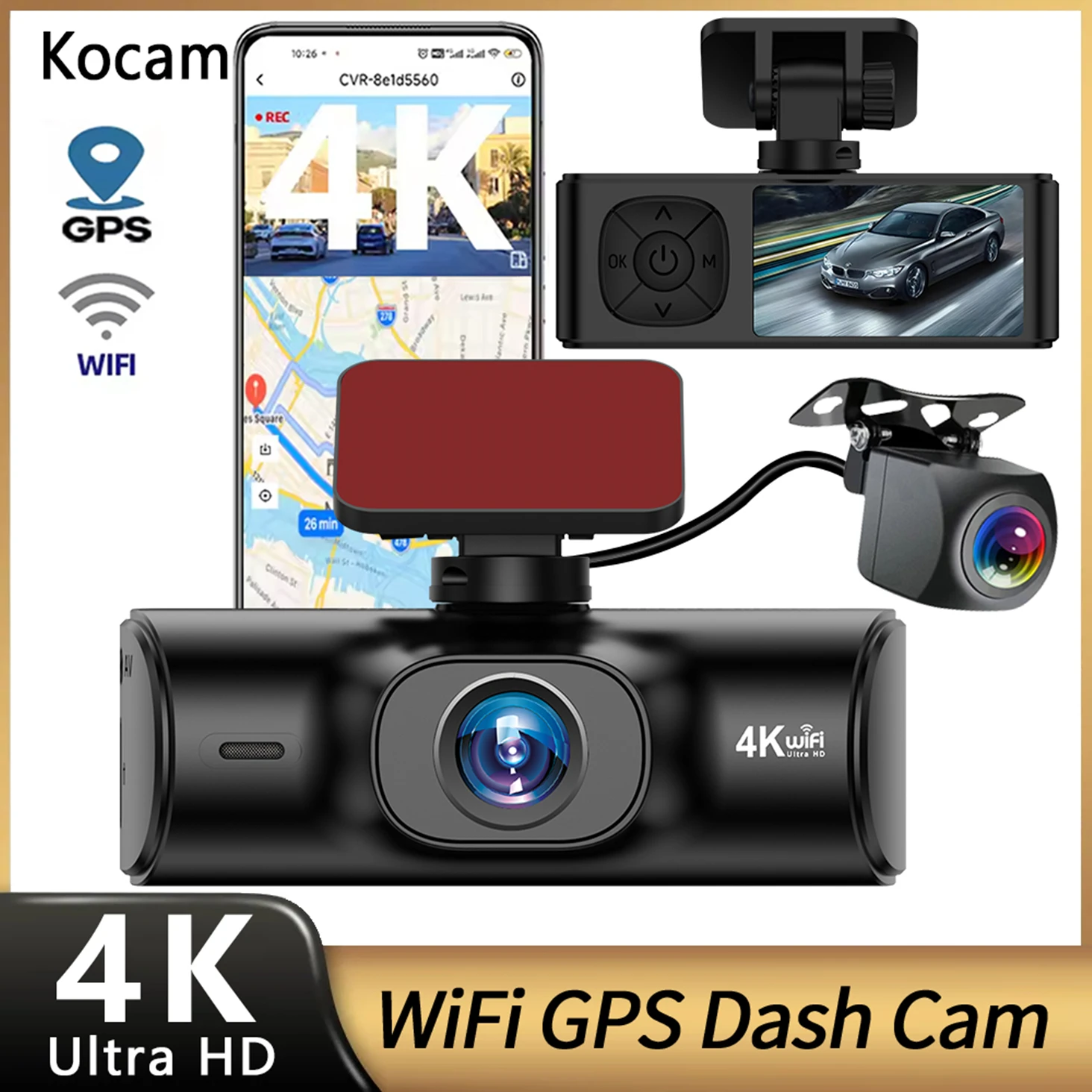 4K Dash Cam GPS WiFi Mini CAR DVR Front and Rear Dual Lens Auto Car Camera Night Vision Video Recorder 24H Parking Black box