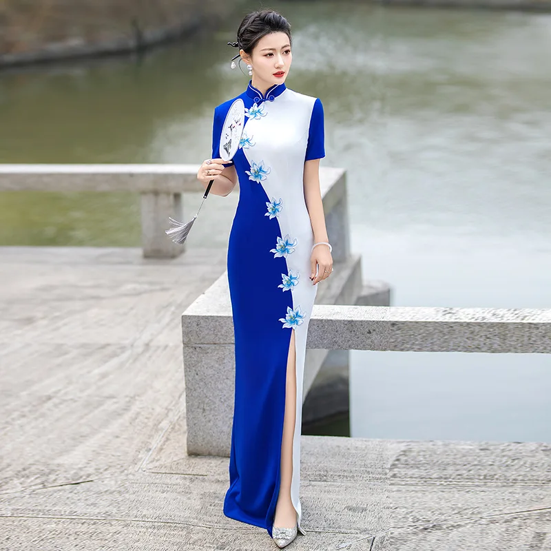 

Floral Chinese Formal Party Dress Gown Satin Female High Split Qipao Mandarin Collar Sexy Cheongsam Oversize 5XL Grace Vestidos