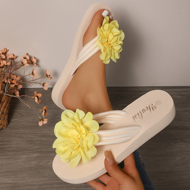 

Bohemian Beach Flip Flops Women Wedge Sole Thick Sole Yellow Flower Summer Slippers For Women Sandals Comfortable EVA Shoes