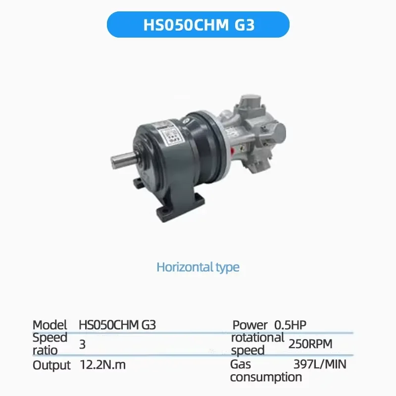Vione High Power Piston Pneumatic Motor Reducer Low Speed Reversible Speed Control Type HS050CHM 387L/min Air