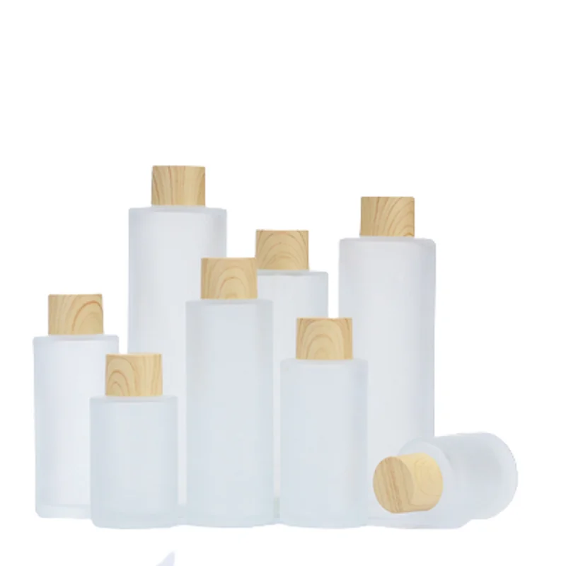

Empty Packing Frosted Glass Bottle Flat Shoulder False Wood Screw Lid With Plug Portable Refillable Cosmetic 20ml-120ml 10Pieces