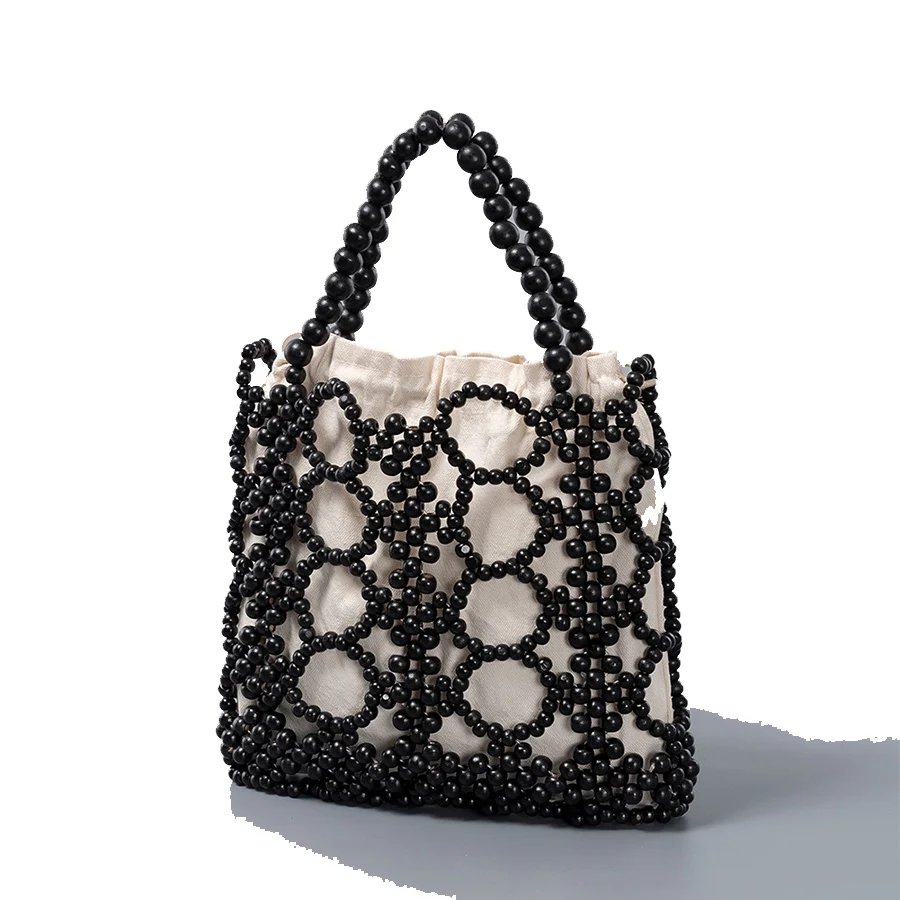

Summer Hollow Out Wooden Bead Bag Patchwork Female Beach Handbags Holiday Hand-Woven Totes Bag Reticulate netted Canvas Clutch