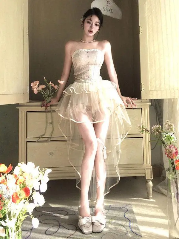 

Sexy Spicy Girl Mesh Halter Top Skirt Two-Piece Set Unique Beautiful Summer New Arrival Short Sleeve Cotton One-Piece Dress