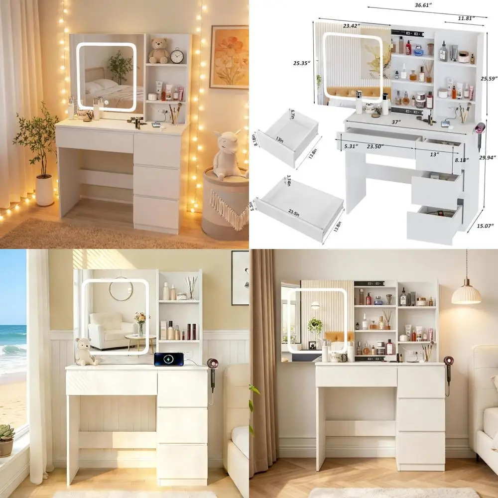 

37-inch White Makeup Vanity Desk with Lighted Mirror, Stool, and Storage Shelves