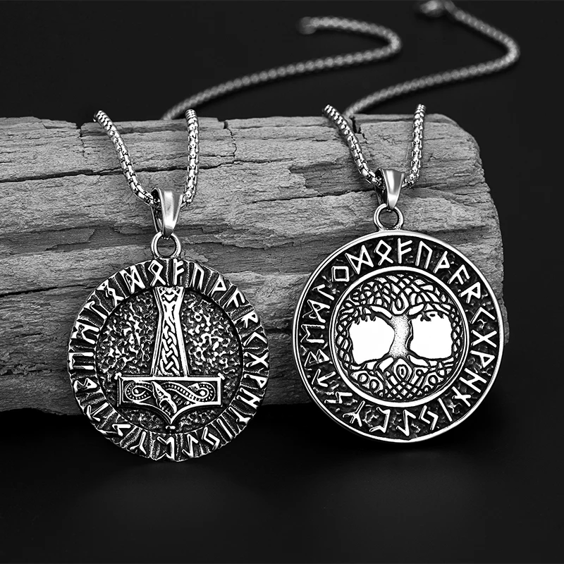 Virgin Odin Wolf Head Rune Life Tree Pendants Necklace Personality Men's Women's Stainless Steel Axe Compass Punk Sweater chain