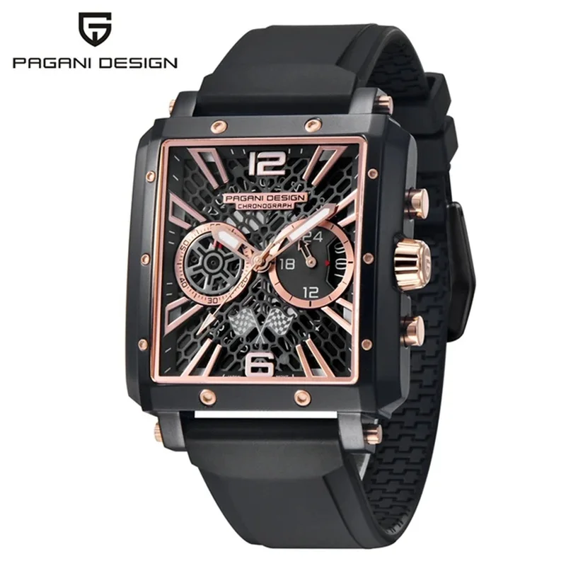PAGANI DESIGN1725 Men's Skeleton Racing Quartz Wristwatch, Multifunction 100M Diving Sapphire Glass Stainless Steel Sports Watch