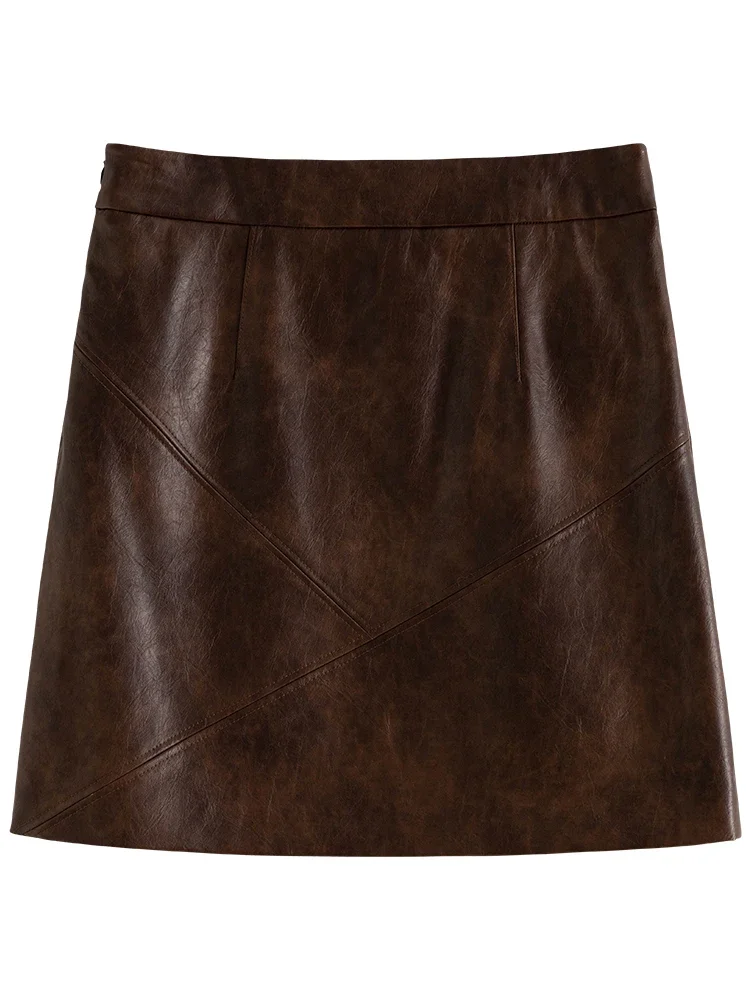 DUSHU Vintage Brushed Leather Half Skirt High Waisted A-line Half Skirt Winter 2023 New Short Skirt For Women Casual Loose