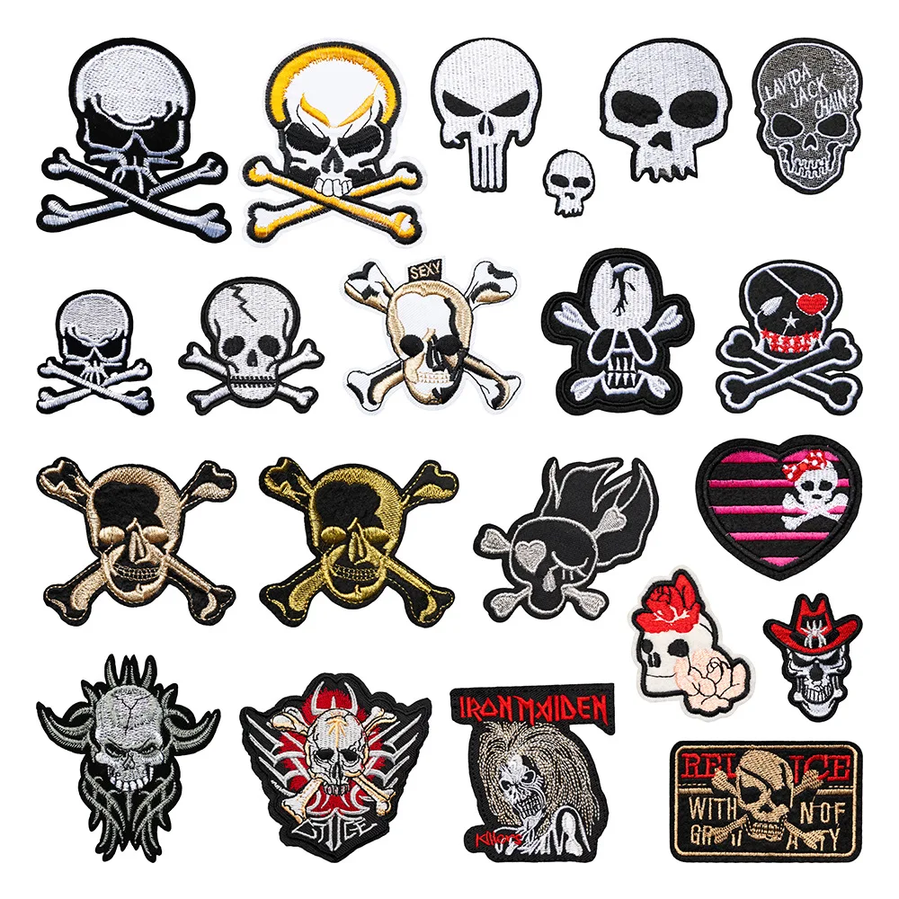 

New European American Trendy Skull Badge Embroidered Iron on Patches for Jacket Hat Clothes Jeans T-shirt Sweaters Bag Socks