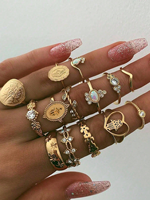 14pcs Vintage Portrait Coin Cross Floral Heart Shaped Ring Set for Women Goth Irregular Europe America Open Rings Valentines