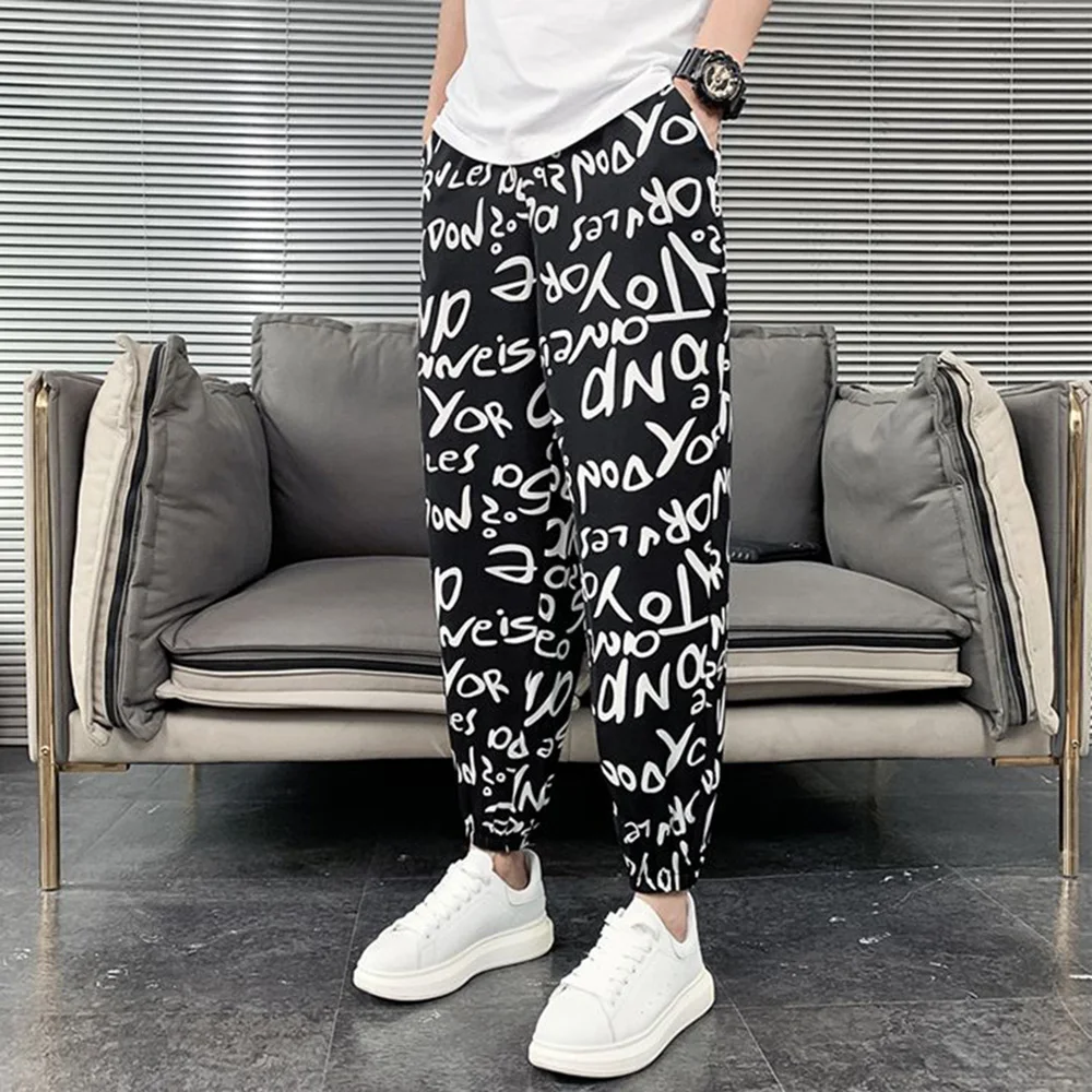 Mens Leggings Trendy Contrast Color Letter Print Pant Summer Casual Streetwear Personality Versatile Jogging Pants Men\'S Wear