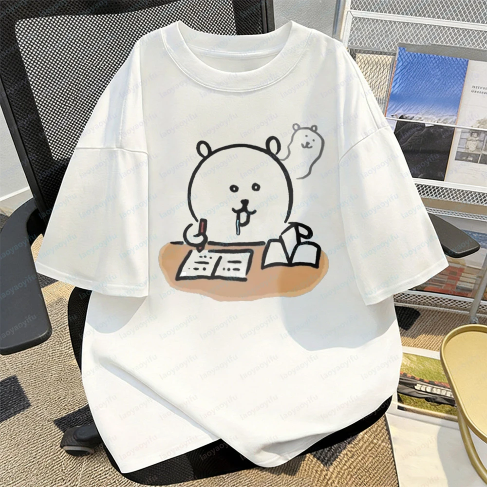 Joke Bear Funny Meme Cotton Tee Sleepy Study Line Art Print T-Shirt Soft Casual Top for Otakus Japanese Trend Clothes for Women