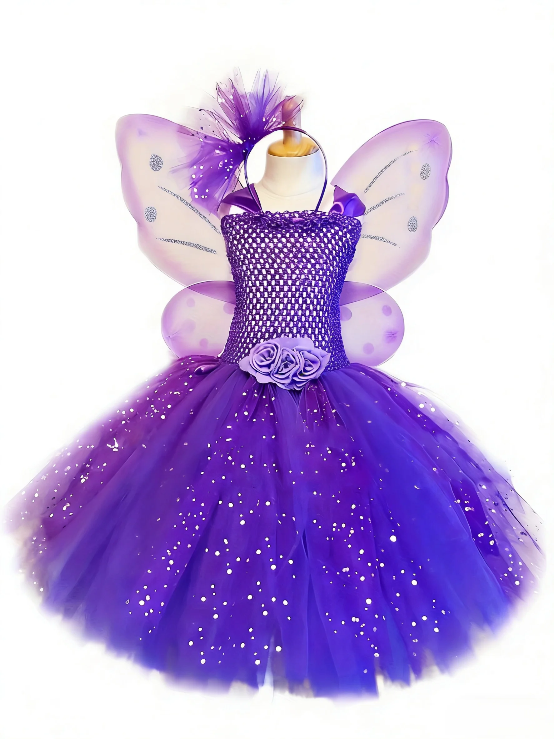 Mädchen Lila Glitzer-Tutu-Kleid Kinder Blumen-Fee-Kleider mit Flügel und Haarschleife Kinder Geburtstagsparty Kostüm Fotografie-Requisite