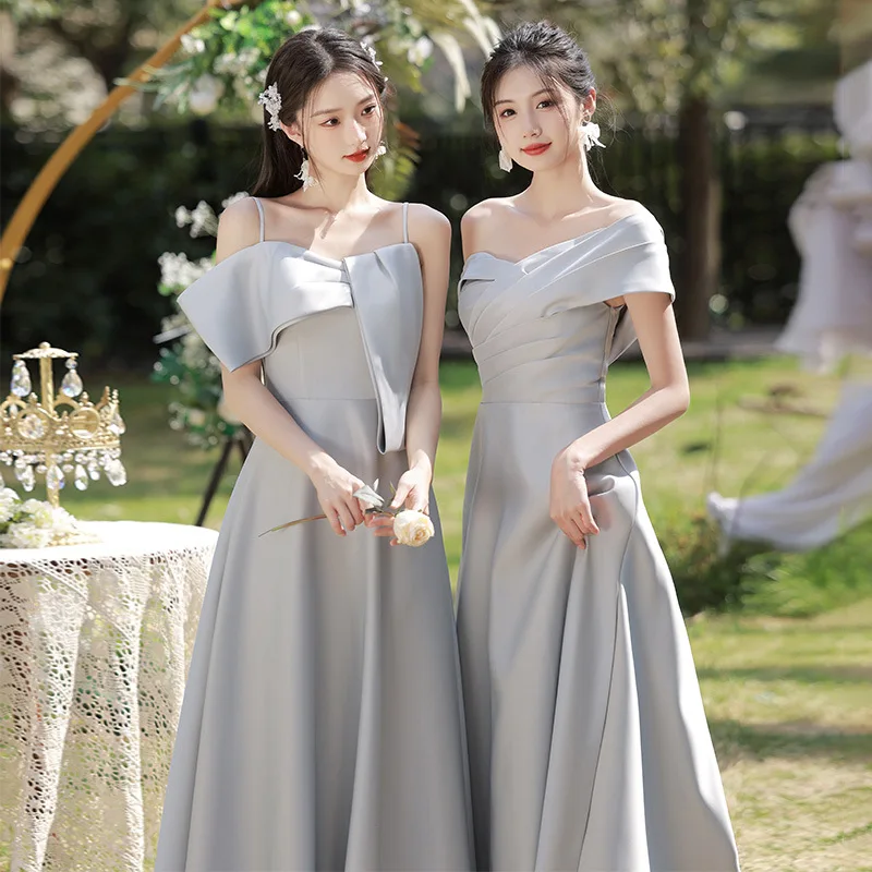 Simple Satin Grey Bridesmaid Dress Off Shoulder Ruffle Edge Wedding Female Guest Dresses Sexy Backless Lace Up Banquet Gown