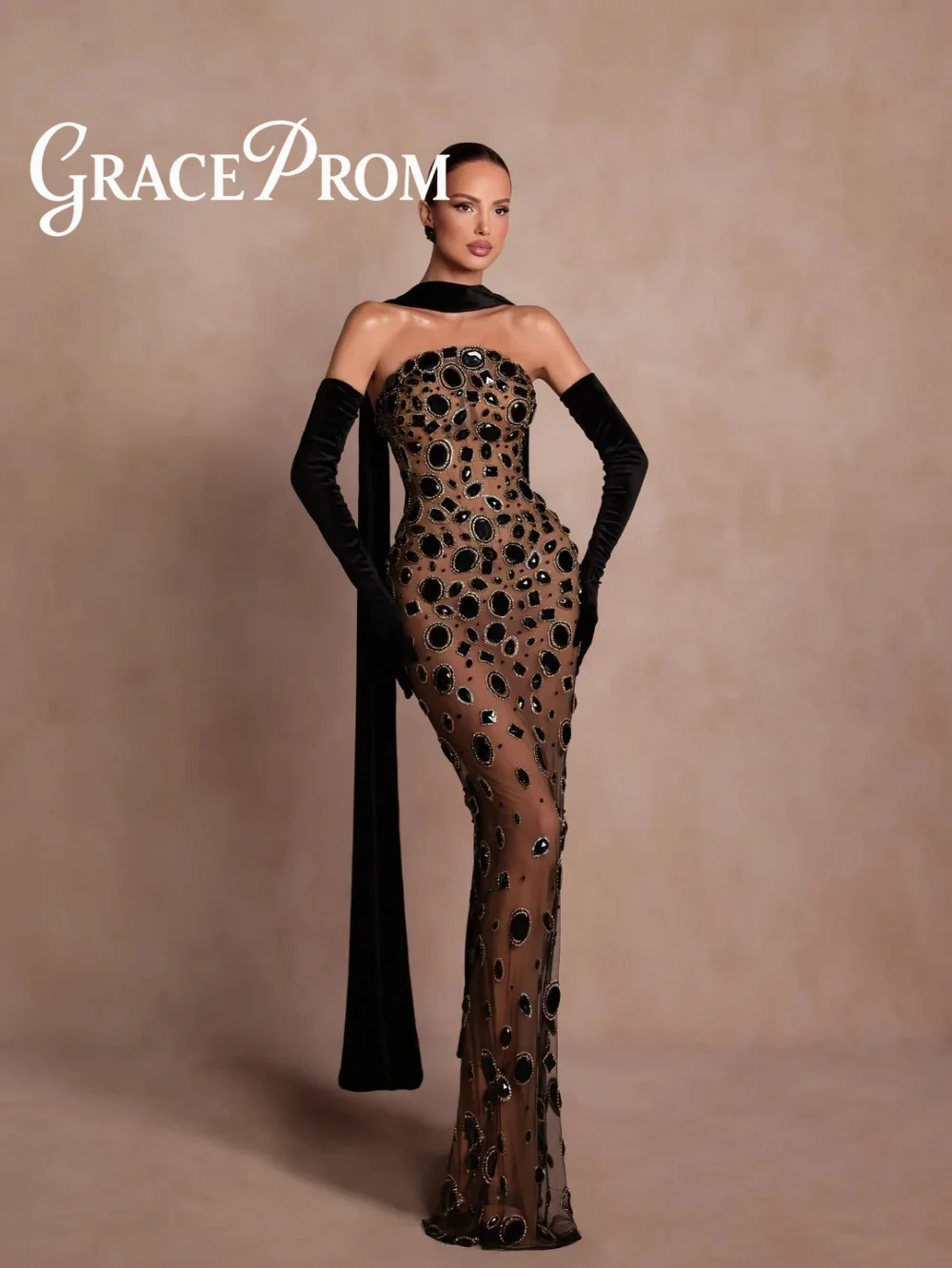 

GraceProm Luxurious Black Evening Dress 2026 Gem-Embellished Carpet Gown Fashion A-Line Floor-Length Party Gown فساتين سهرة