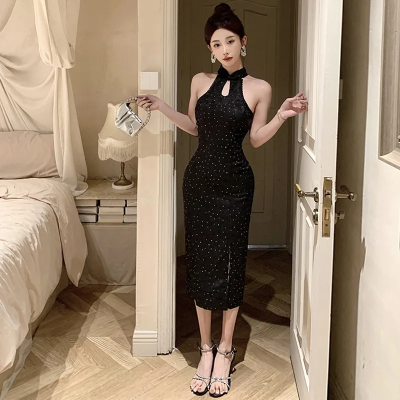 New Backless Chinese Style Improved Female Qipao Cheongsam Elegant Classic Long Sleeveless Dress Sexy White Vestidos