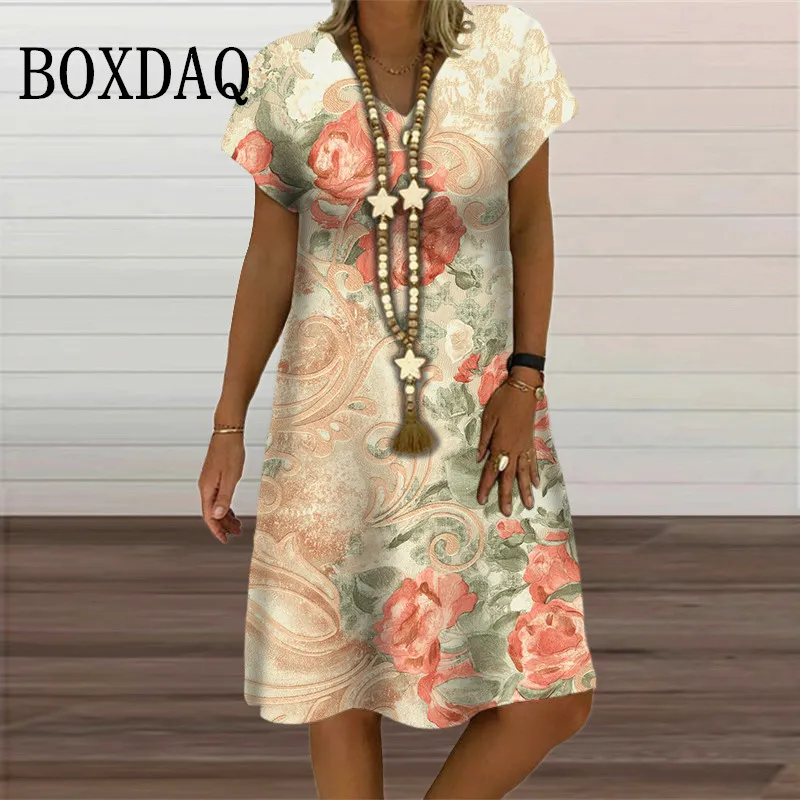 Painting Flower Dresses For Women 2024 Summer Retro Loose Large Size Dress Casual V-Neck Short Sleeve Ladies 3D Print Dress 6XL