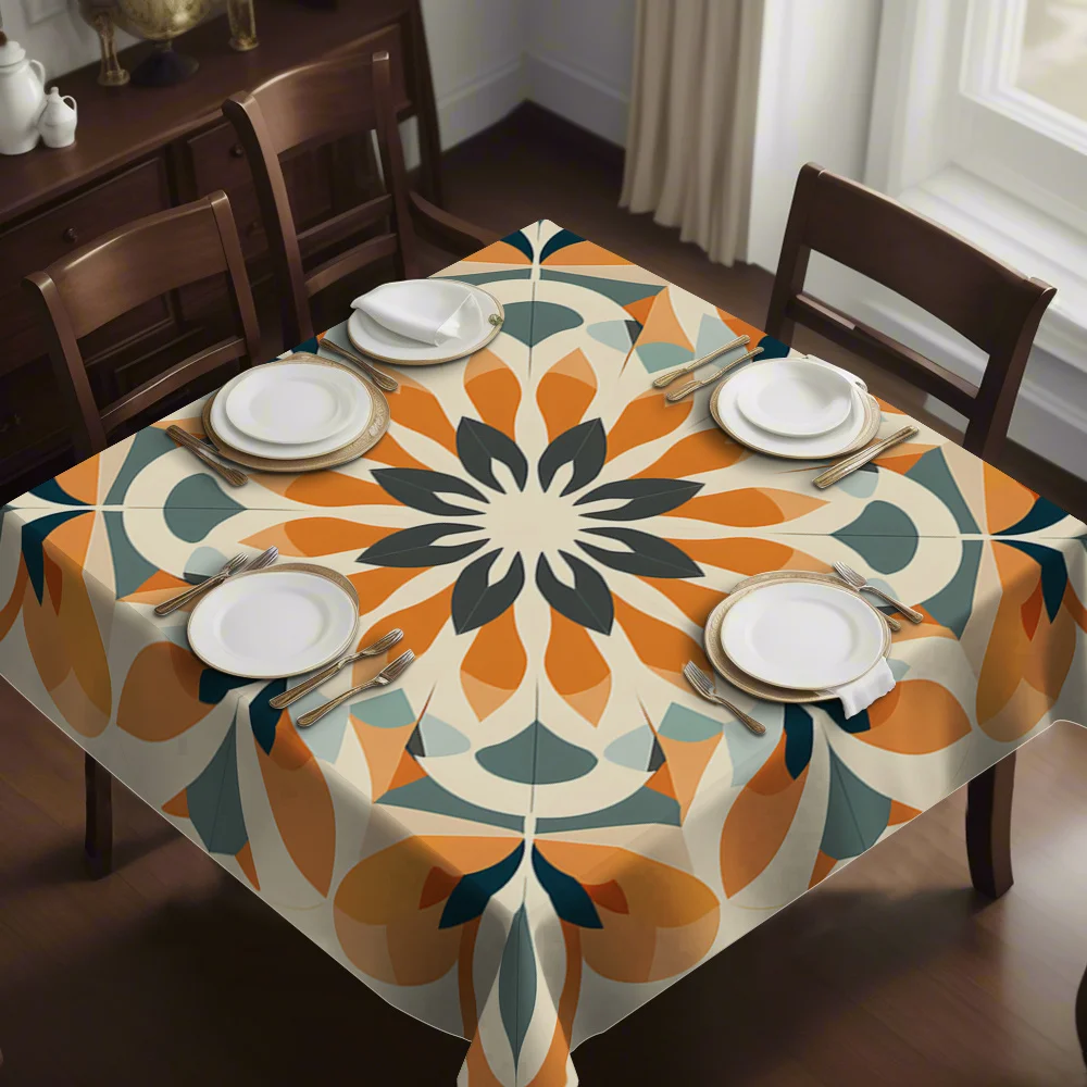 One orange and blue geometric pattern square tablecloth, suitable for the dining room