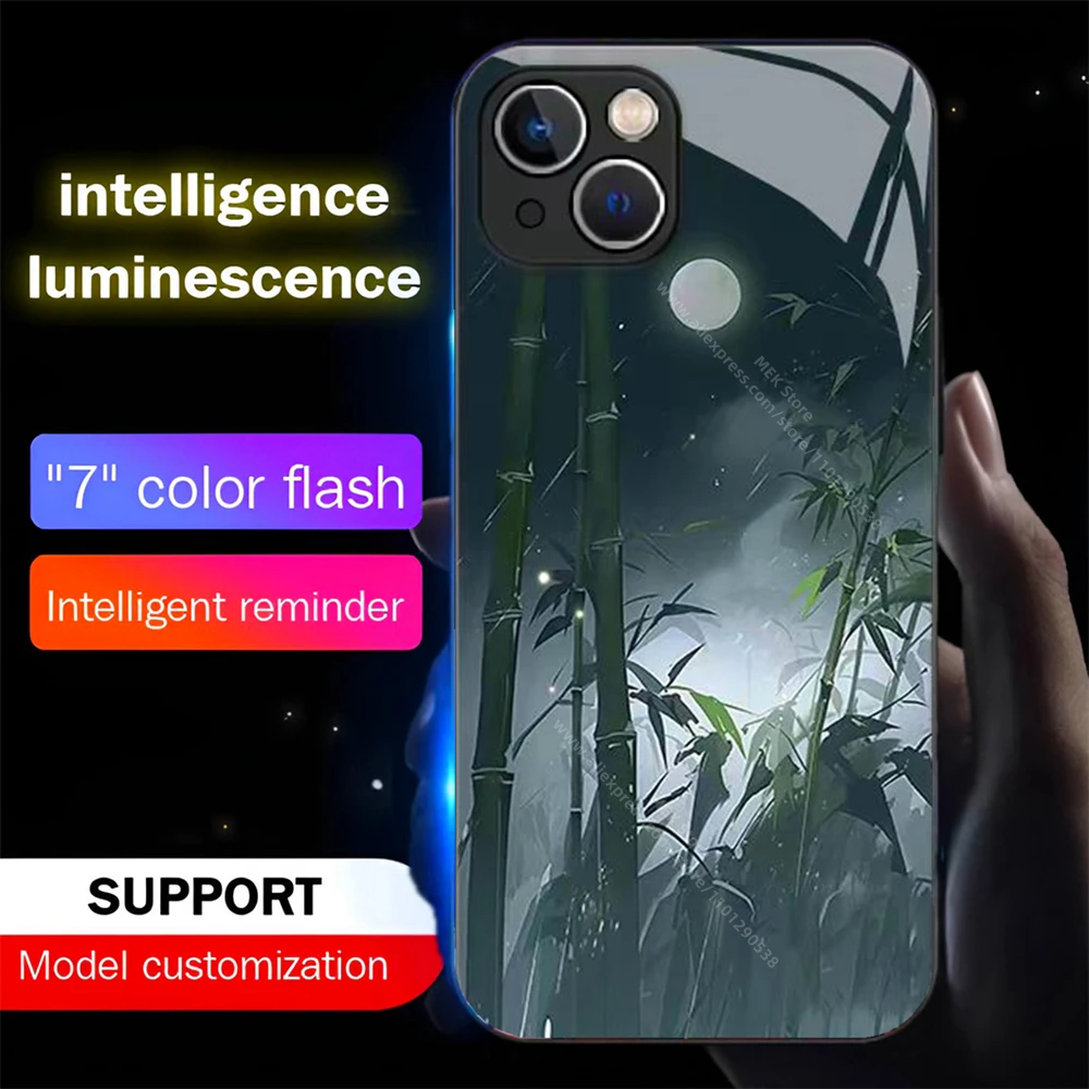 Moonlit Bamboo Grove Led Light Phone Case Call Flash Glitter Cover For iPhone 16 15 14 13 12 11 Pro Max X XS XR Plus SE