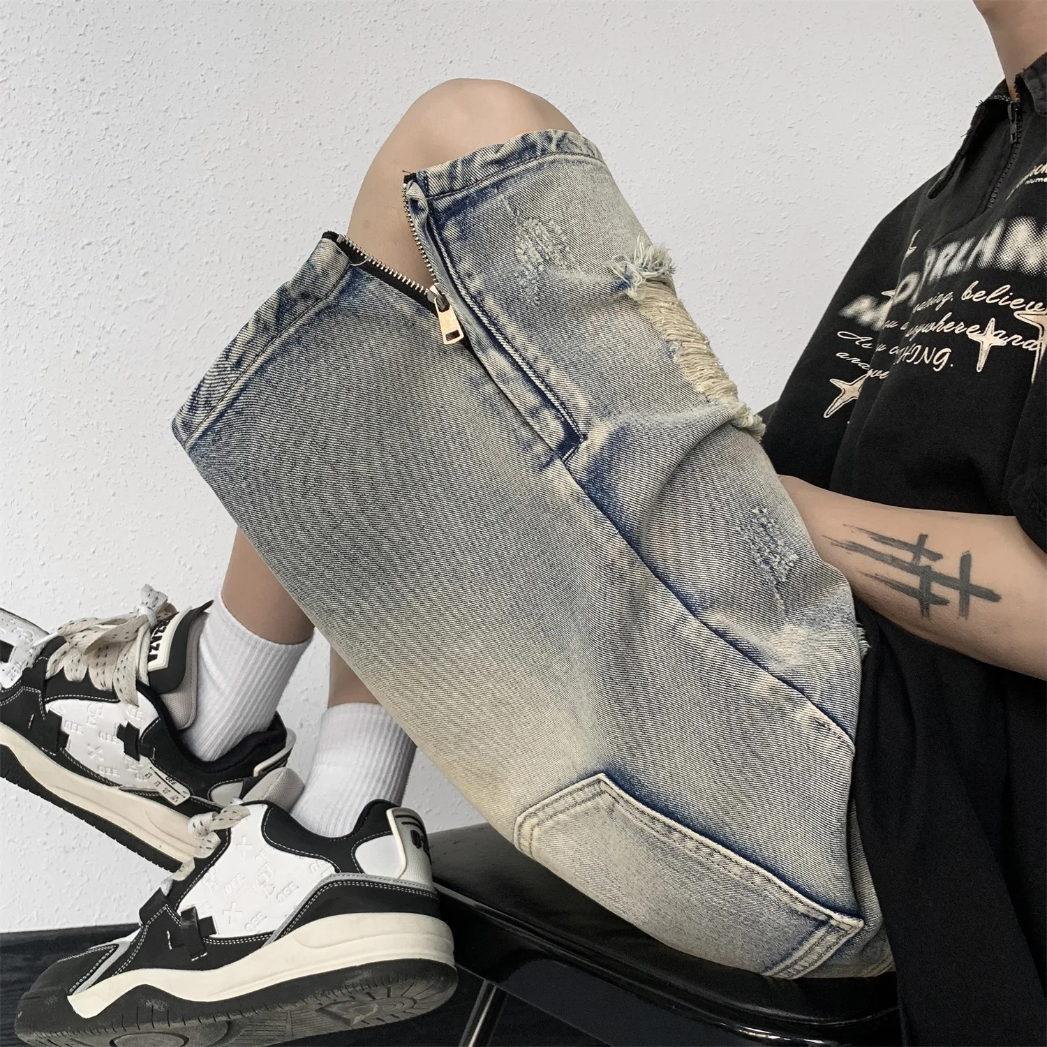 

Retro American Style Men's Short Jeans Shorts Five Parts Design Sense Small Audience Zipper Men's Pants Spring Summer Trend