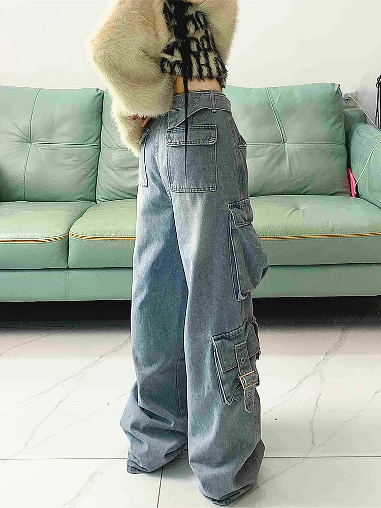 2023 Cyber Y2K Streetwear Washed Blue Baggy Cargo Jeans Pants For Women Clothing Multi Pockets Old Wide Leg Dress Lady Trousers