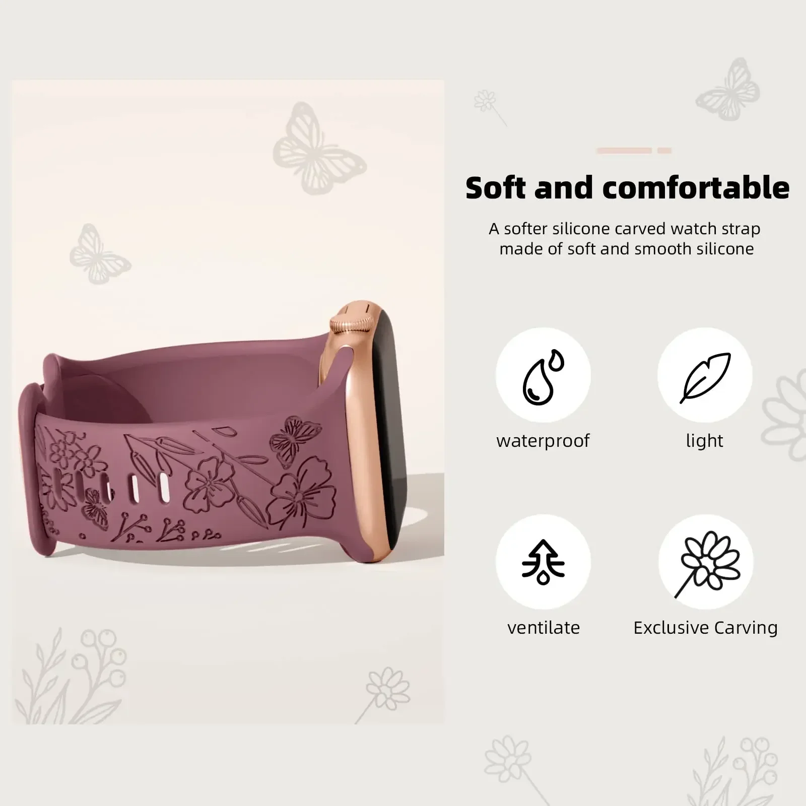 Floral Engraved Strap For Apple Watch Band 40mm 44mm 41mm 49mm 45mm 38mm 42mm silicone bracelet iwatch series 9 7 se 6 8 ultra 2 image 4
