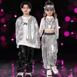 Kid Hip Hop Clothing Silver Sequin Cardigan Shirt Tank Black Faux Leather Casual Pants for Girl Boy Jazz Dance Costume Clothes