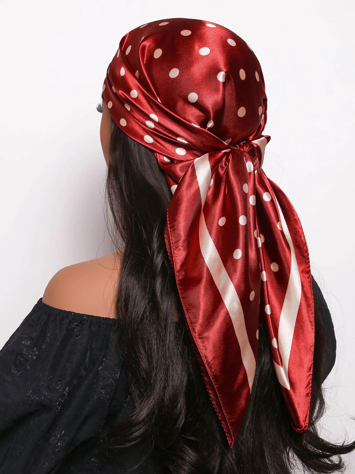 Polka Dot Print Satin Square Scarf 90x90cm, Women Large Headscarf Neck Shawl Multi‑use Handbag Decor Fashion Accessory Gift