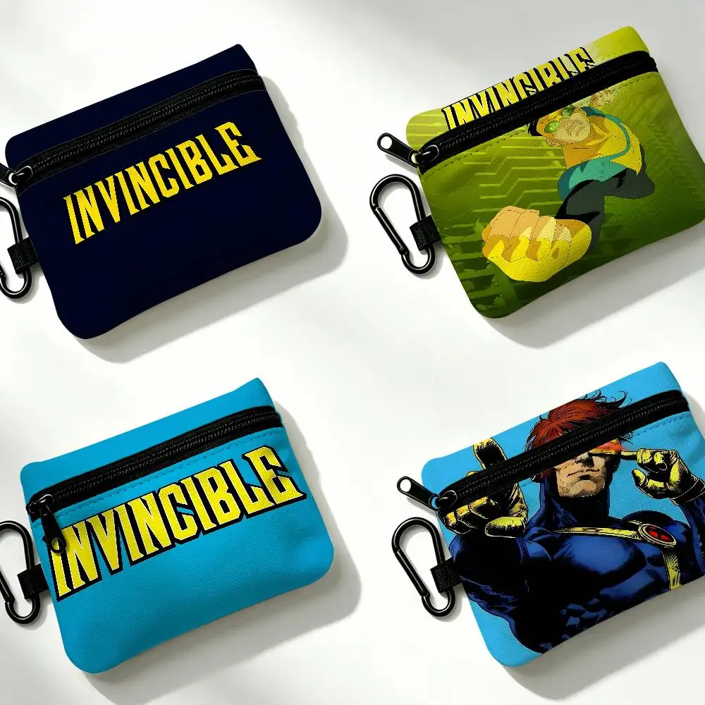 Anime I-Invincible Cartoon Compact Oxford Cloth Coin Purse Detachable Carabiner Hook Portable Key Card Organizer Pouch