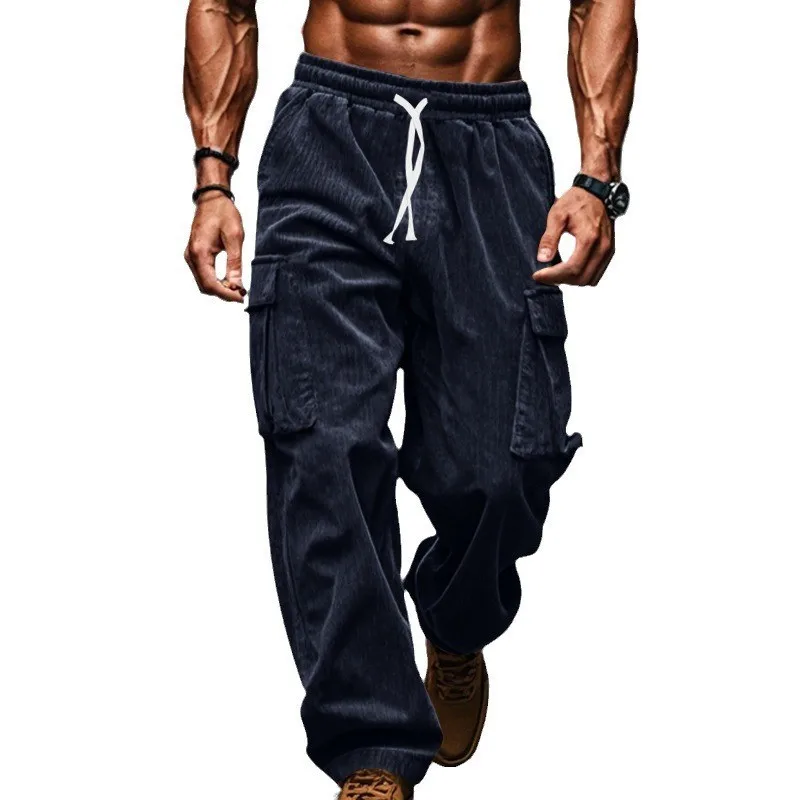 

European and American Corduroy Pants Men's Trousers Autumn and Winter Casual Breathable Wide-leg Multi-pocket Straight Pants