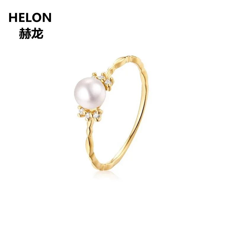 Freshwater Pearl Ring Women Natural Diamonds Engagement Wedding Ring Solid 14k Yellow Gold Valentine's day Christmas gift