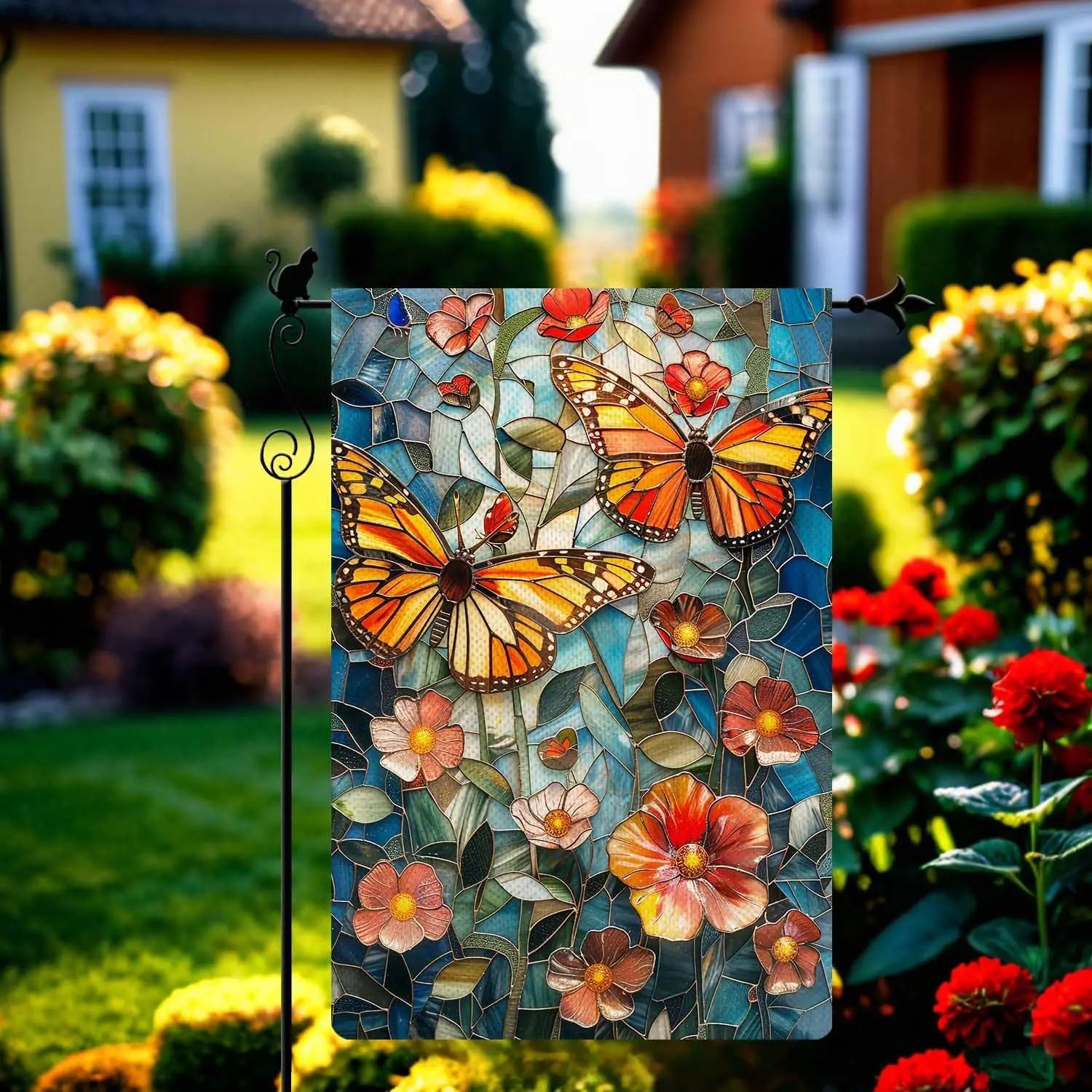 Gormcore Butterflies Among Flowers and Plants, Stained Glass Mural Spring Summer Garden Flag Vertical Double Sided Garden Flag S