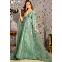 Jessica Glitter Sequined Tulle Wedding Dress Luxury Arab Ladies Prom Dresses Green فساتين سهرة Vestidos De Fiesta Customized