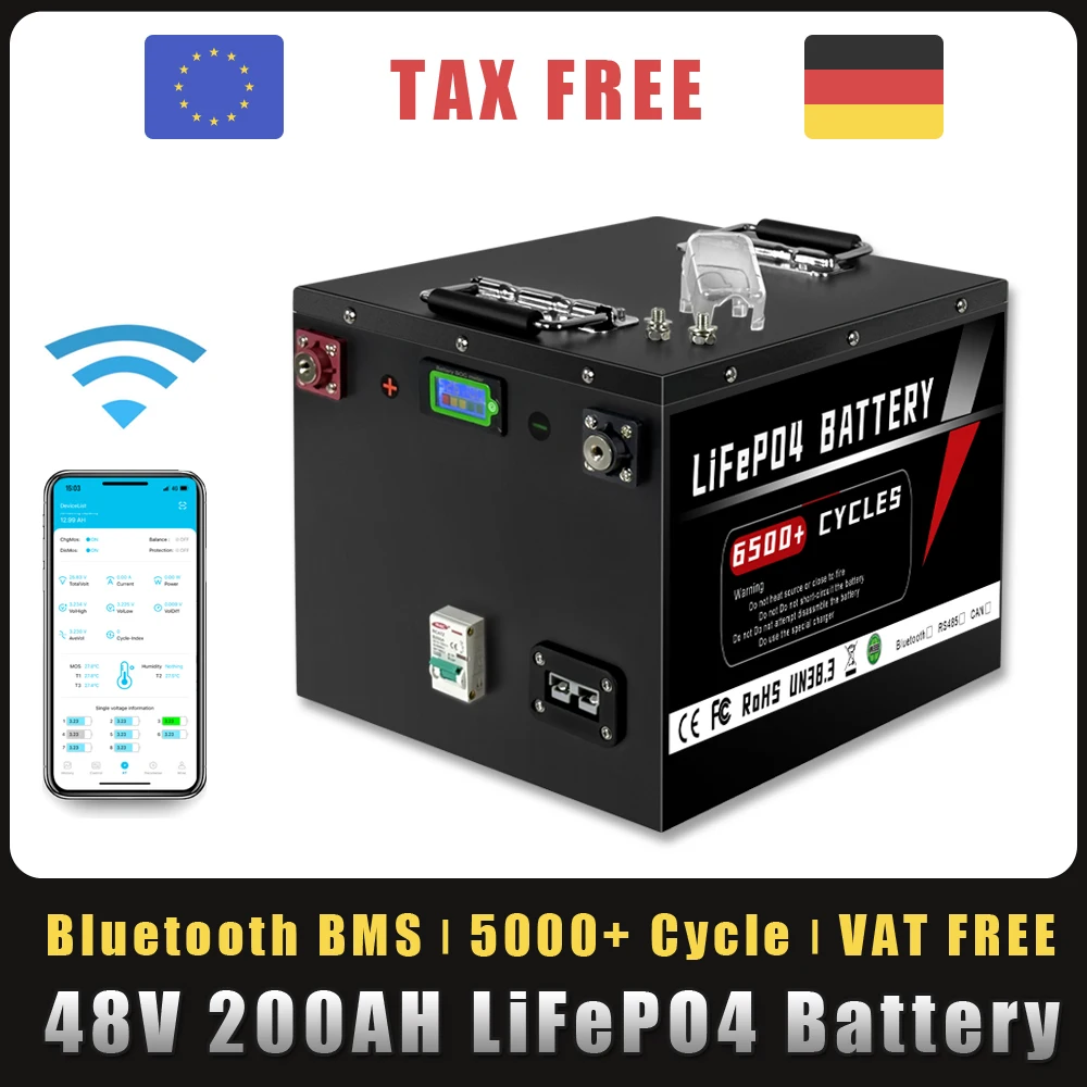 

48V 50Ah 100Ah 200Ah LiFePO4 Battery Pack Built-in Bluetooth BMS For Solar Household Storage inverter Golf Cart Boat No Tax