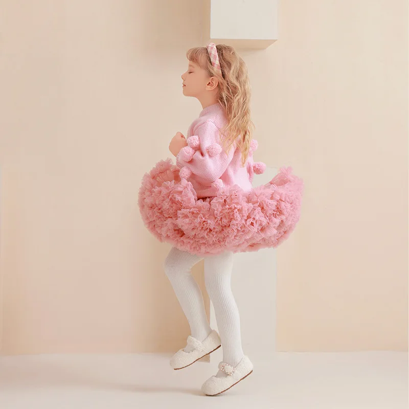 Girls Dusty Pink Multi-Layer Tulle Tutu Skirt Kids Christmas Cake Half Skirt Fluffy Mesh Dress For Party Dance Stage Outfit