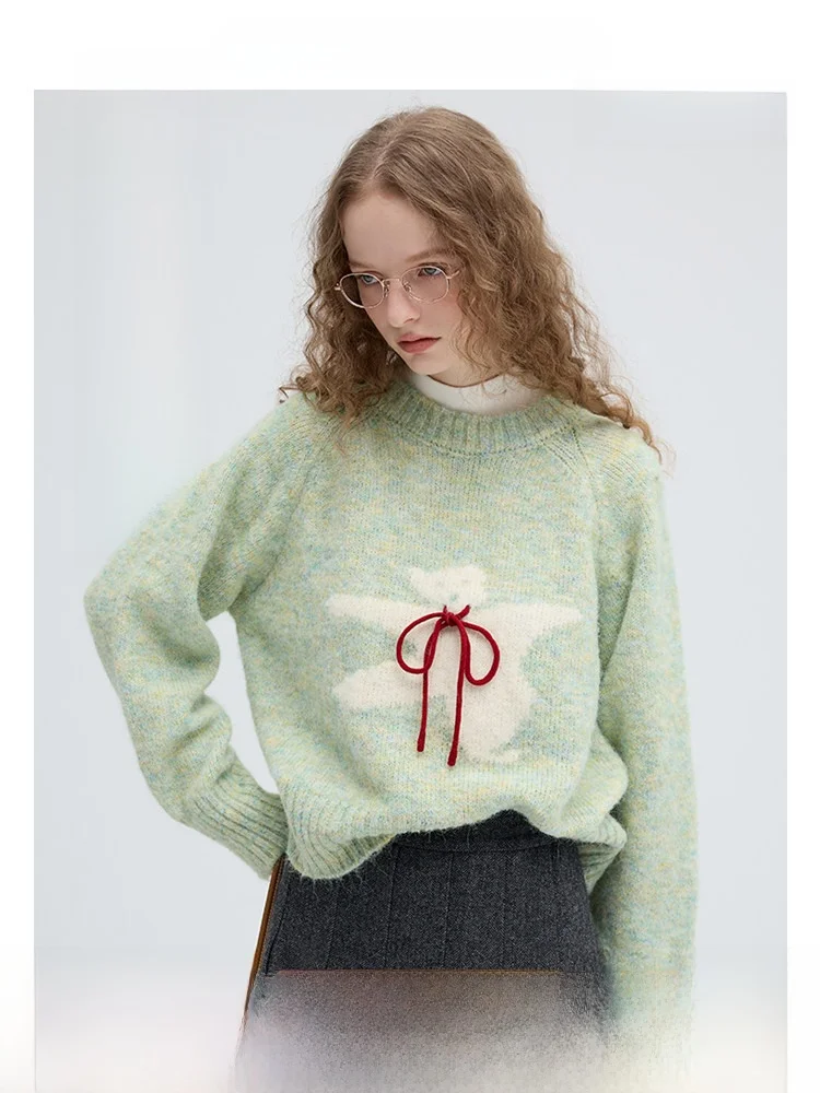 

VEGA CHANG Women's Sweet Bear Knitted Woolen Sweater Fce Crt Winter Design Casual Loose Fit Long Sve round Ne Top