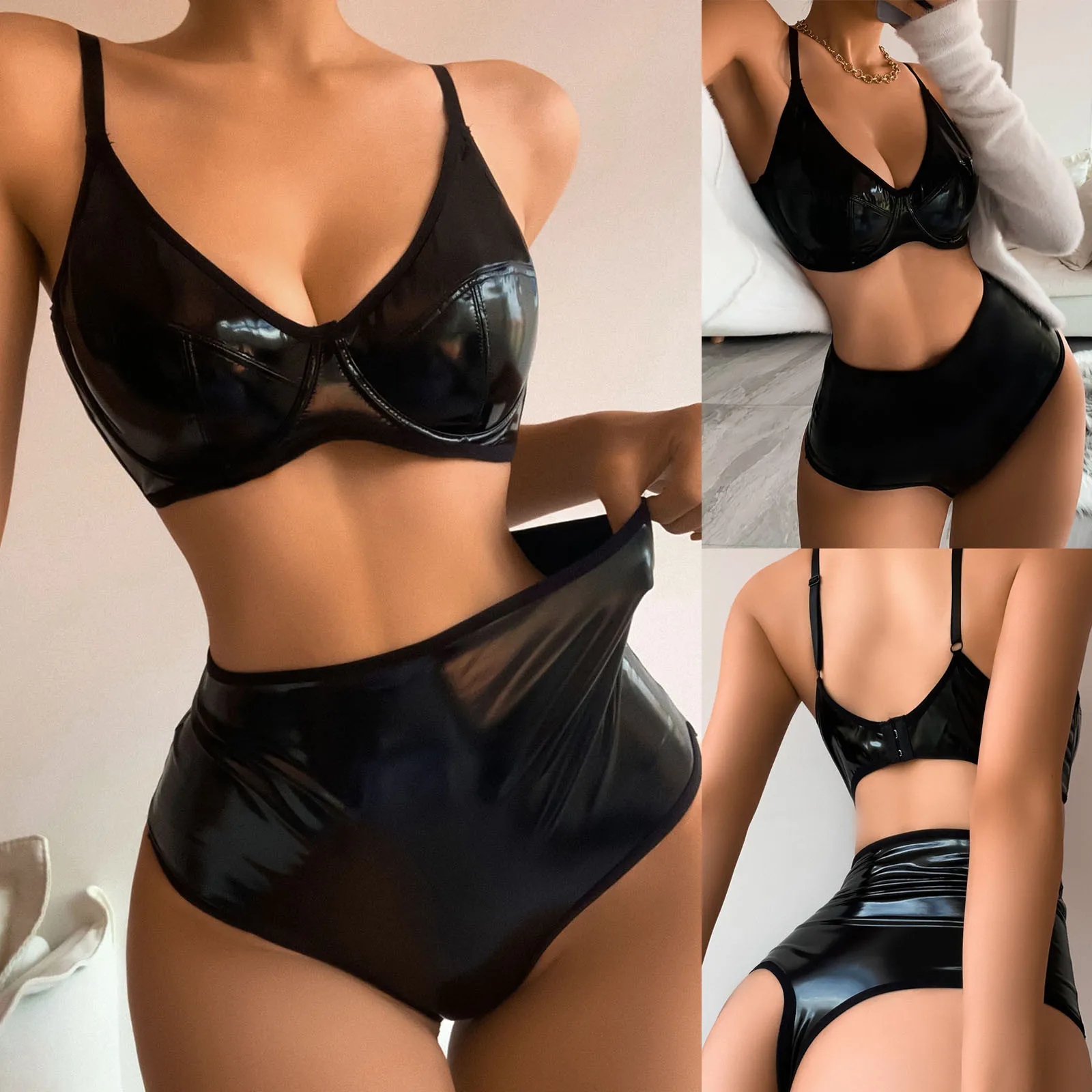 Women Faux Leather Bra Brief Set Sexy Lingerie Sleepwear Underwear Set Female Nightgown Skinny Bra Exotic Babydolls Lenceria