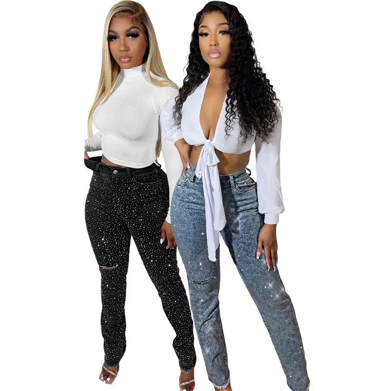 

Женские джинсы со стразами, потертые джинсы с высокой талией на молнии, узкие джинсовые брюки-карандаш, осень-зима 2021, новая популярная уличная одежда, капри