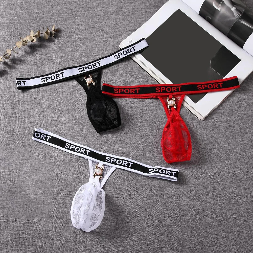 

Hot Sale Breathable Mens Thongs T-Back G-strings Sheer Lace Bulge Pouch Briefs Man Sexy Lingerie Underwear