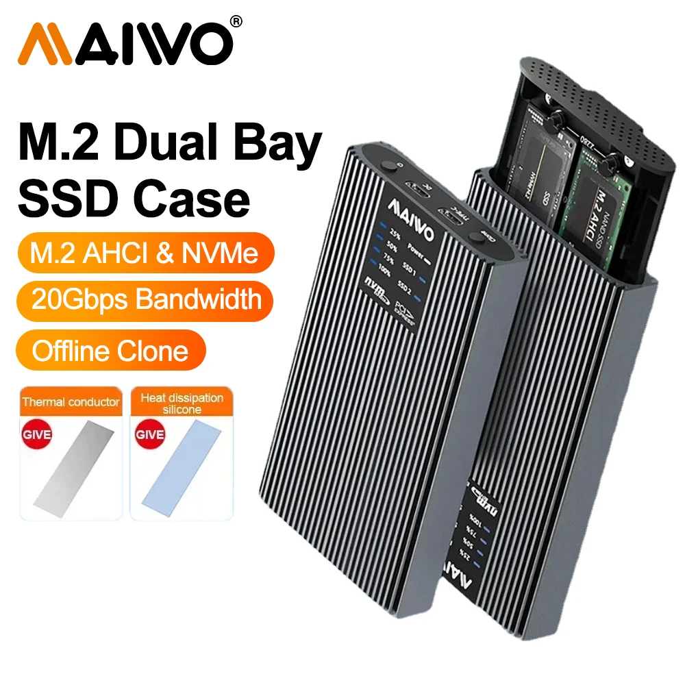 MAIWO Dual Bay Hard Drive SSD Enclosure for M.2 NVMe SSD Tool Free Offline Cloner USB C 3.2 Gen2 20Gbps Adapter Docking Station