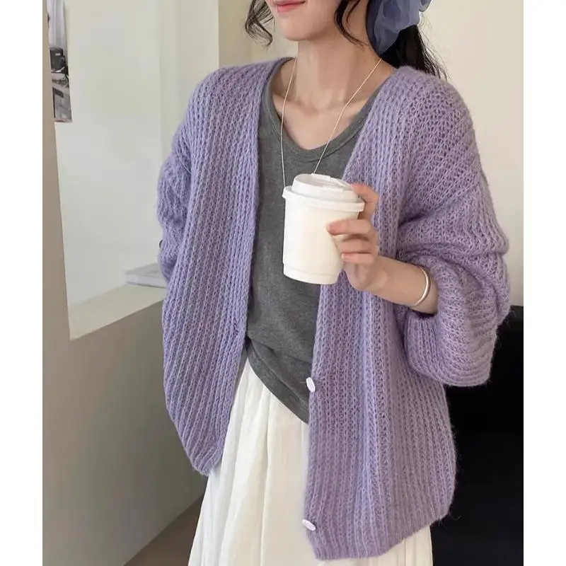

2025 Spring Solid Cardig Women Solid Sweaters Knitting Basic Fashion O-Neck Style Loose Pullover Sweater