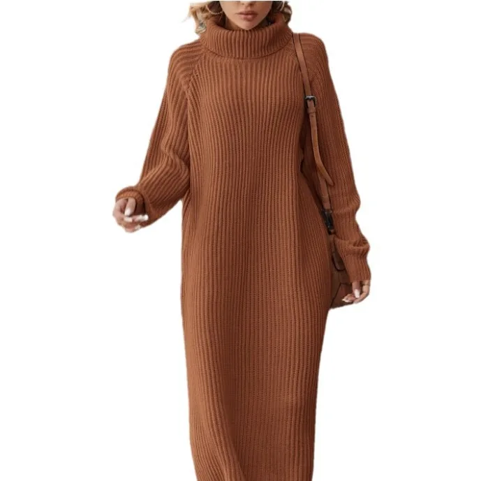 Winter New Women\'s Fashion Temperament Elegant Slim Fit Coat Long Woolen Dress Loose Casual High Neck Knitted Dress