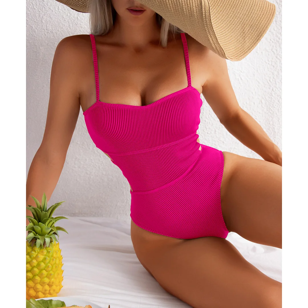 S - XL, 11 Farben, gerippter Badeanzug mit Ausschnitten, einteiliger Badeanzug für Damen, Badebekleidung für Frauen, Badeanzug mit hohem Beinausschnitt und Polsterung, Badeanzug für Damen, V3404. – Detail 39